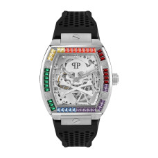 Philipp Plein PWBAA1423 The Skeleton Automatic Stainless Steel με Μαύρο Rubber Strap & Rainbow Crystals (44mm)