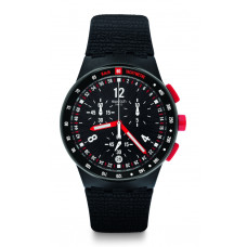 Swatch STAND HALL SUSB411 – Αναλογικό Ανδρικό Ρολόι Χρονογράφος με Μαύρο Καντράν, Κόκκινες Λεπτομέρειες και Μαύρο Λουράκι Σιλικόνης