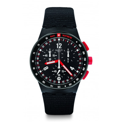 Swatch STAND HALL SUSB411 – Αναλογικό Ανδρικό Ρολόι Χρονογράφος με Μαύρο Καντράν, Κόκκινες Λεπτομέρειες και Μαύρο Λουράκι Σιλικόνης