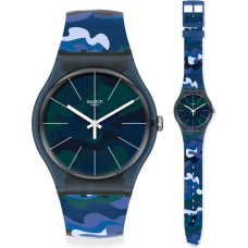 Swatch Camouclouds SUON140 – Αναλογικό Unisex Ρολόι με Μπλε Καμουφλάζ Σχέδιο και Σιλικόνη Λουράκι