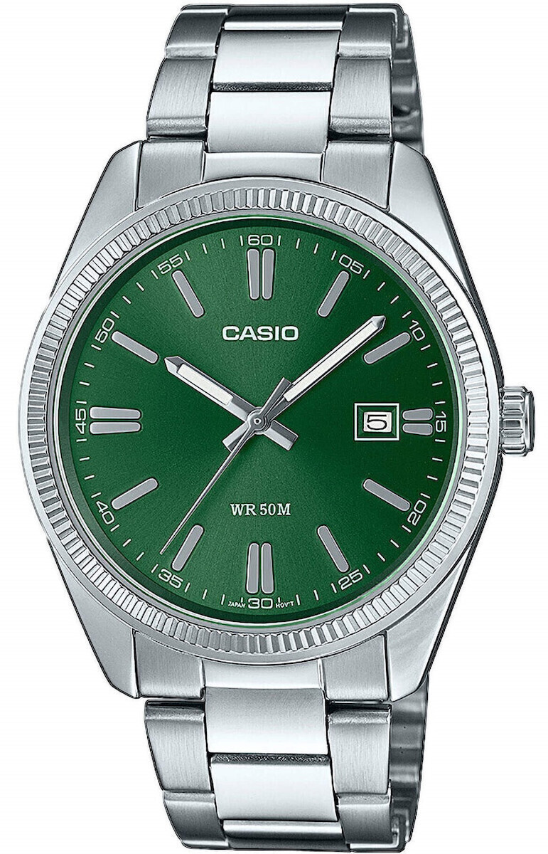 Casio MTP-1302PD-3AVEF Ανδρικό Αναλογικό Ρολόι Μπαταρίας με Πράσινο Καντράν και Ασημί Μπρασελέ