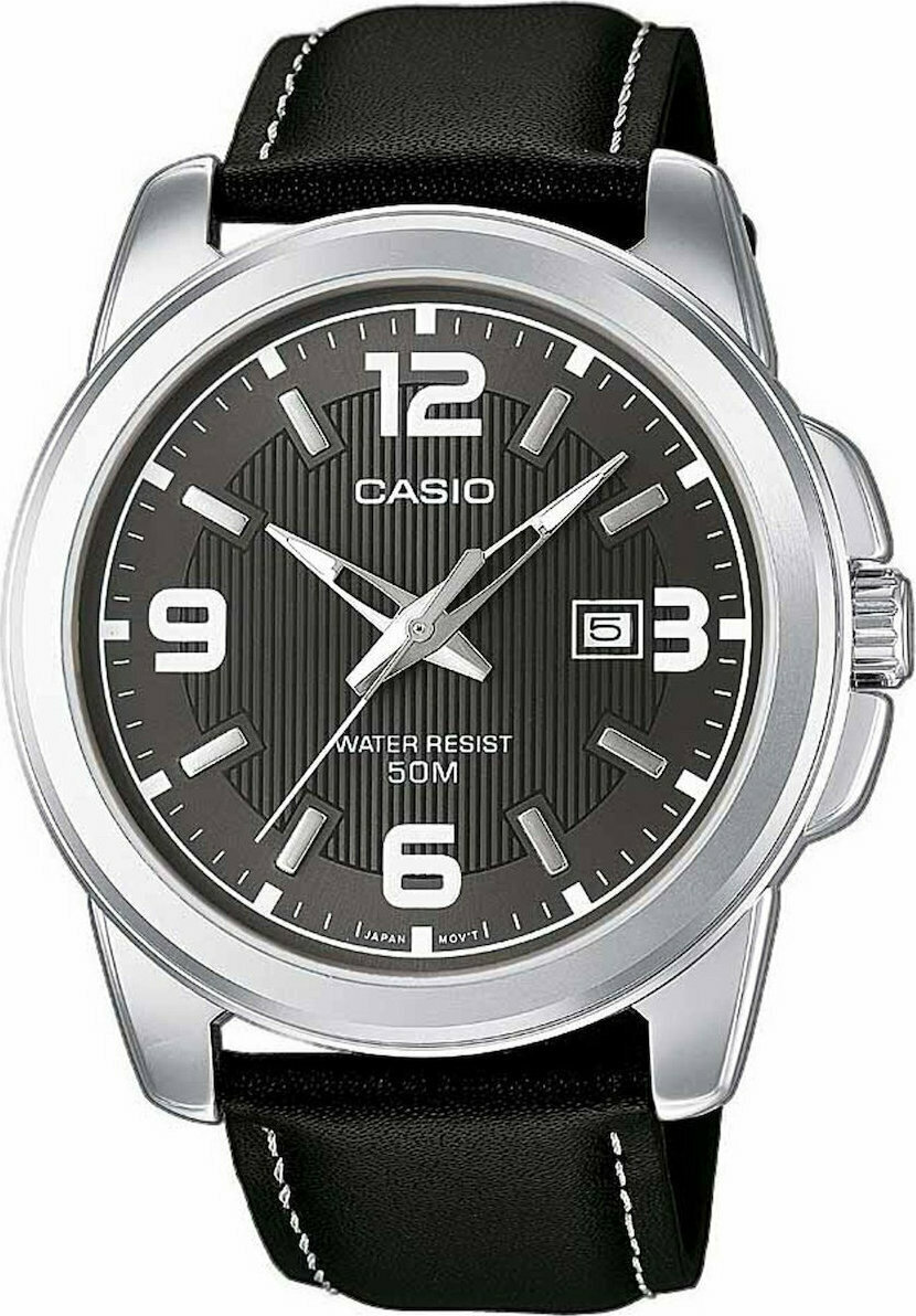 Casio MTP-1314PL-8AVEF Ανδρικό Αναλογικό Ρολόι Μπαταρίας με Γκρι Καντράν και Μαύρο Δερμάτινο Λουράκι