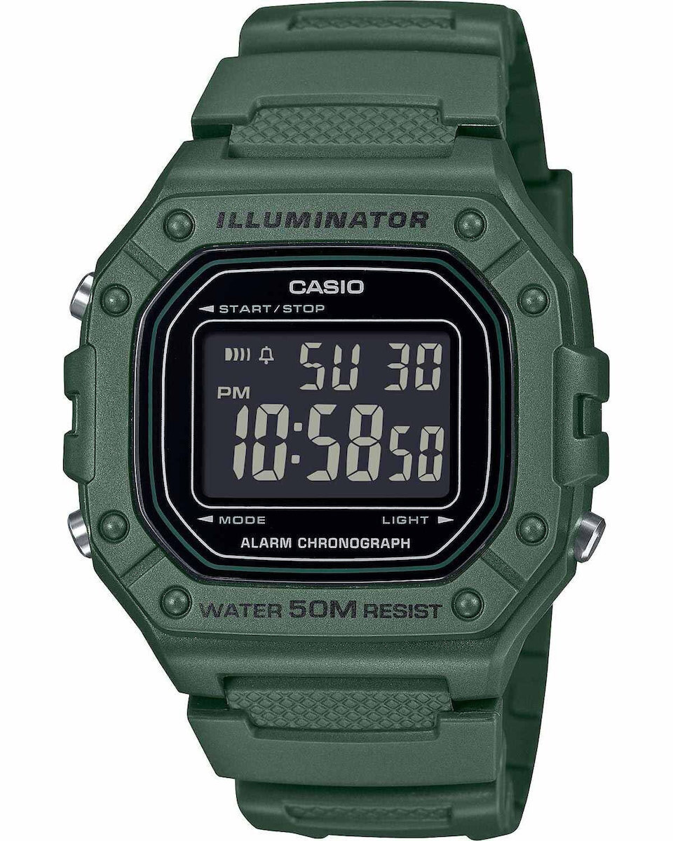 Casio W-218H-3BVEF Ανδρικό Ψηφιακό Ρολόι Μπαταρίας με Πράσινο Λουράκι Καουτσούκ