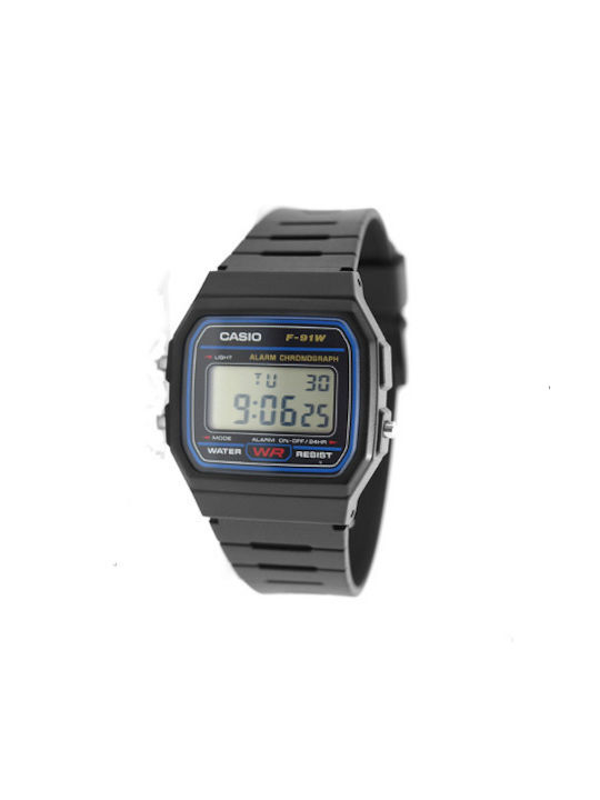 Casio Ψηφιακό Ρολόι Αυτόματο με Μαύρο Καουτσούκ Λουράκι F-91W-1YEG