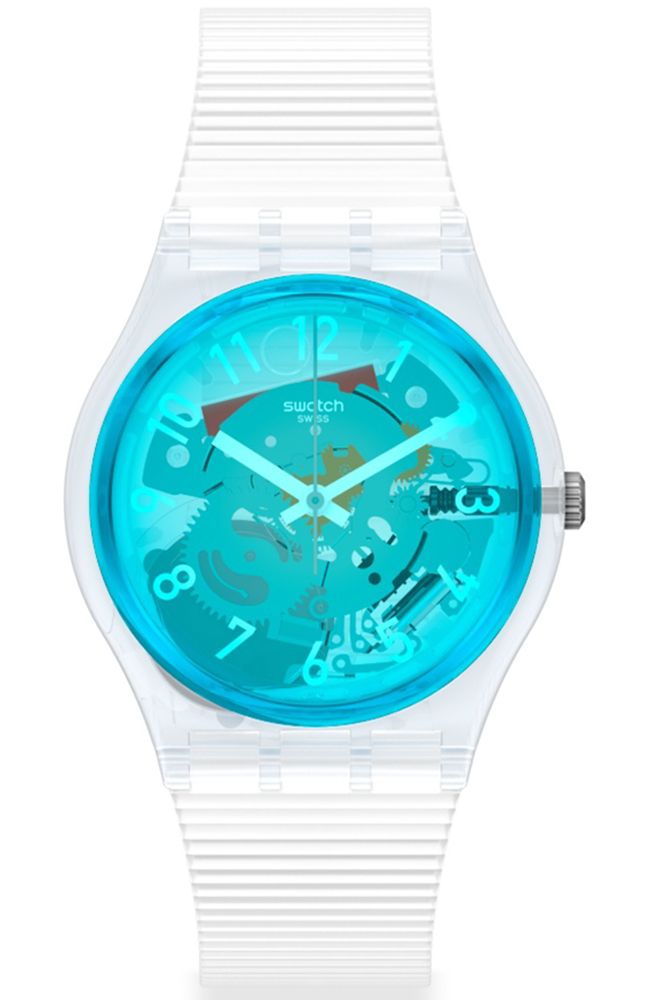 Swatch RETRO-BIANCO GW215 – Αναλογικό Ρολόι Unisex με Διάφανο Μπλε Καντράν και Λευκό Λουράκι